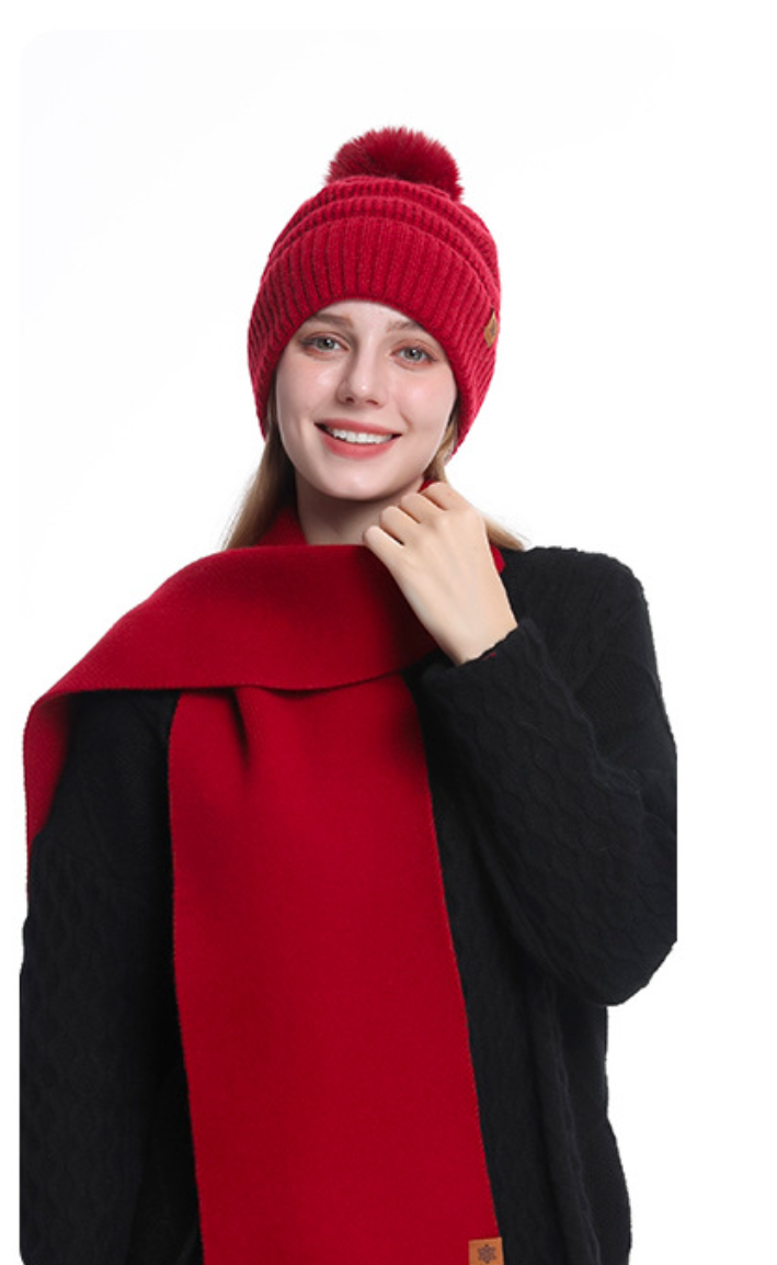 Women Knitted Outdoor Warm Woolen Hat Scarf Gloves 3 Pieces